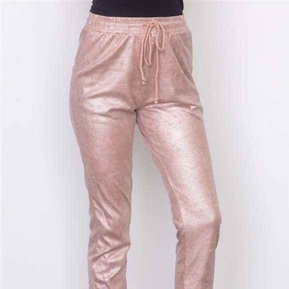 METALLIC BLUSH PINK SUEDE DRAWSTRING JOGGERS - Picture 4 of 8